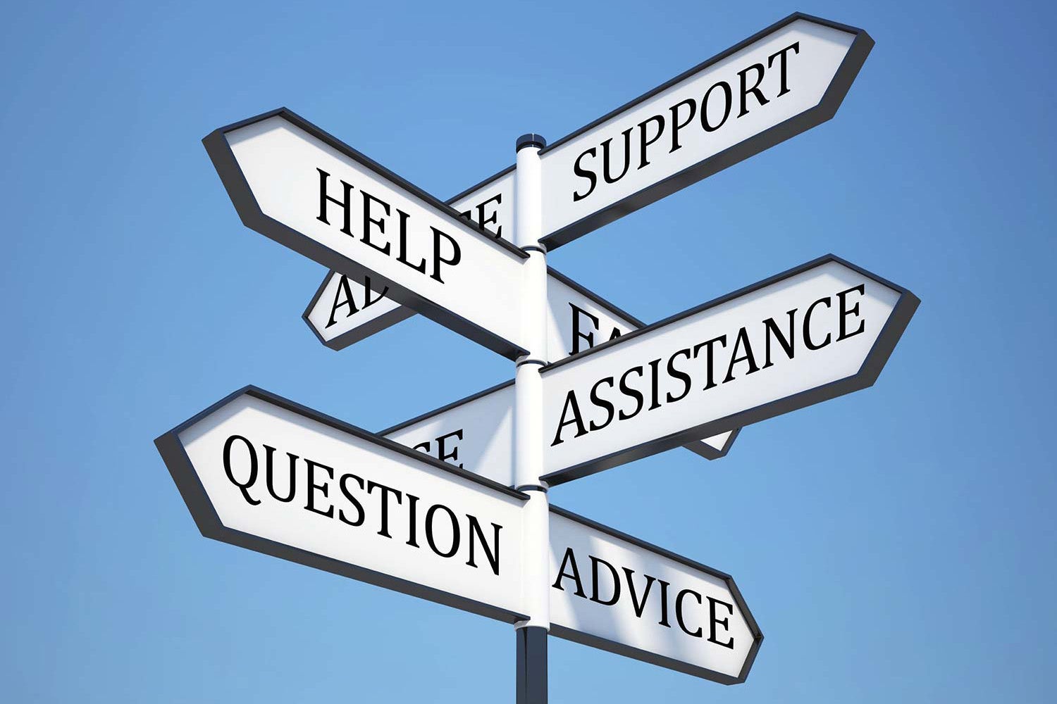 A wooden street sign with arrows pointing different directions labeled "help", "support", "assistance", "question", and "advice".