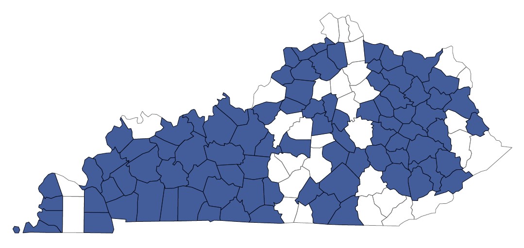 Map of Kentucky with several counties shaded in blue and others left unshaded, showing a regional distribution across the state - Blue areas are served by KHC.