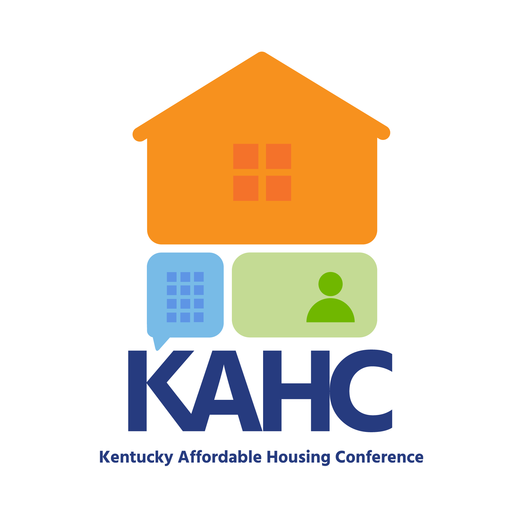 Logo for Kentucky Affordable Housing Conference (KAHC) featuring an orange house icon above blue, green, and teal symbols, with the conference name in blue text below.