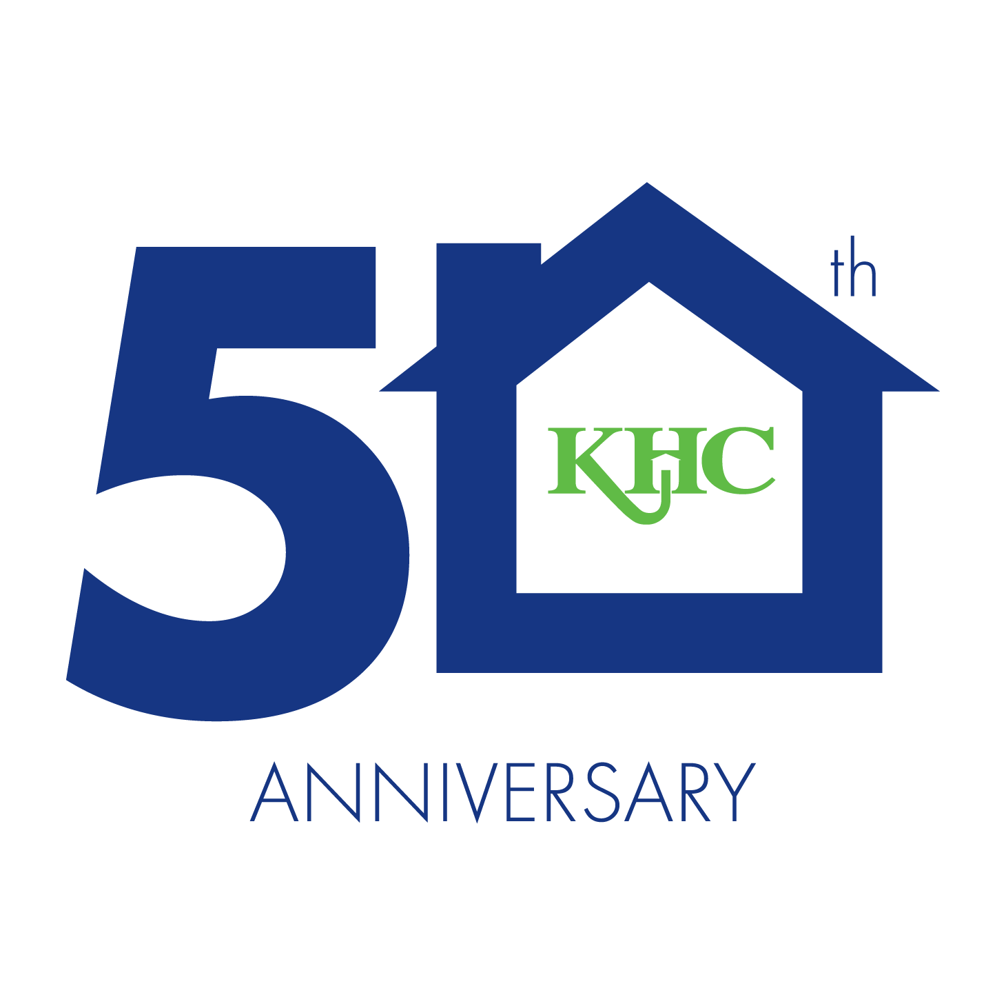 Square version of KHC's 50th Anniversary Logo. Blue 50 with house making the zero with a green KHC inside.