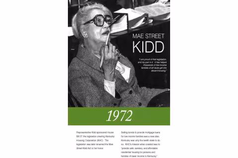 Mae Street Kidd looking thoughtful pic 1972 AD under her with text about her underneath
